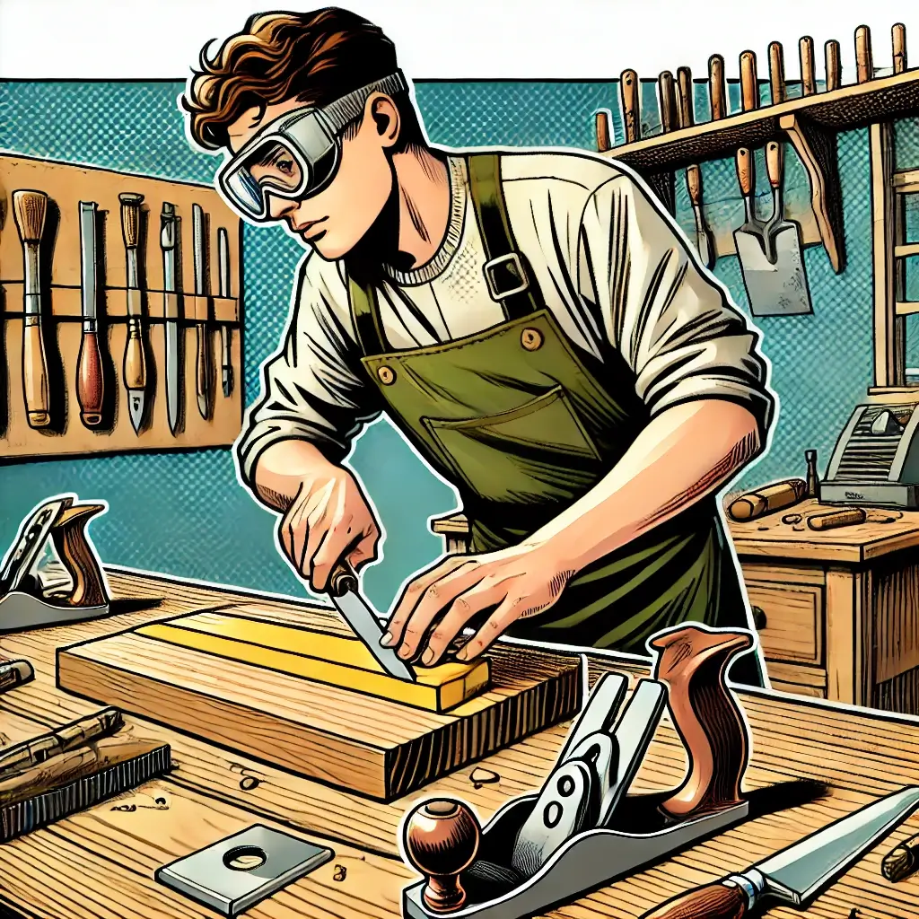 Ein Comic-Bild zeigt einen Handwerker, der mit einem Schleifstein ein Werkzeug schärft. Im Hintergrund liegen andere glänzende Werkzeuge ordentlich bereit. #ai